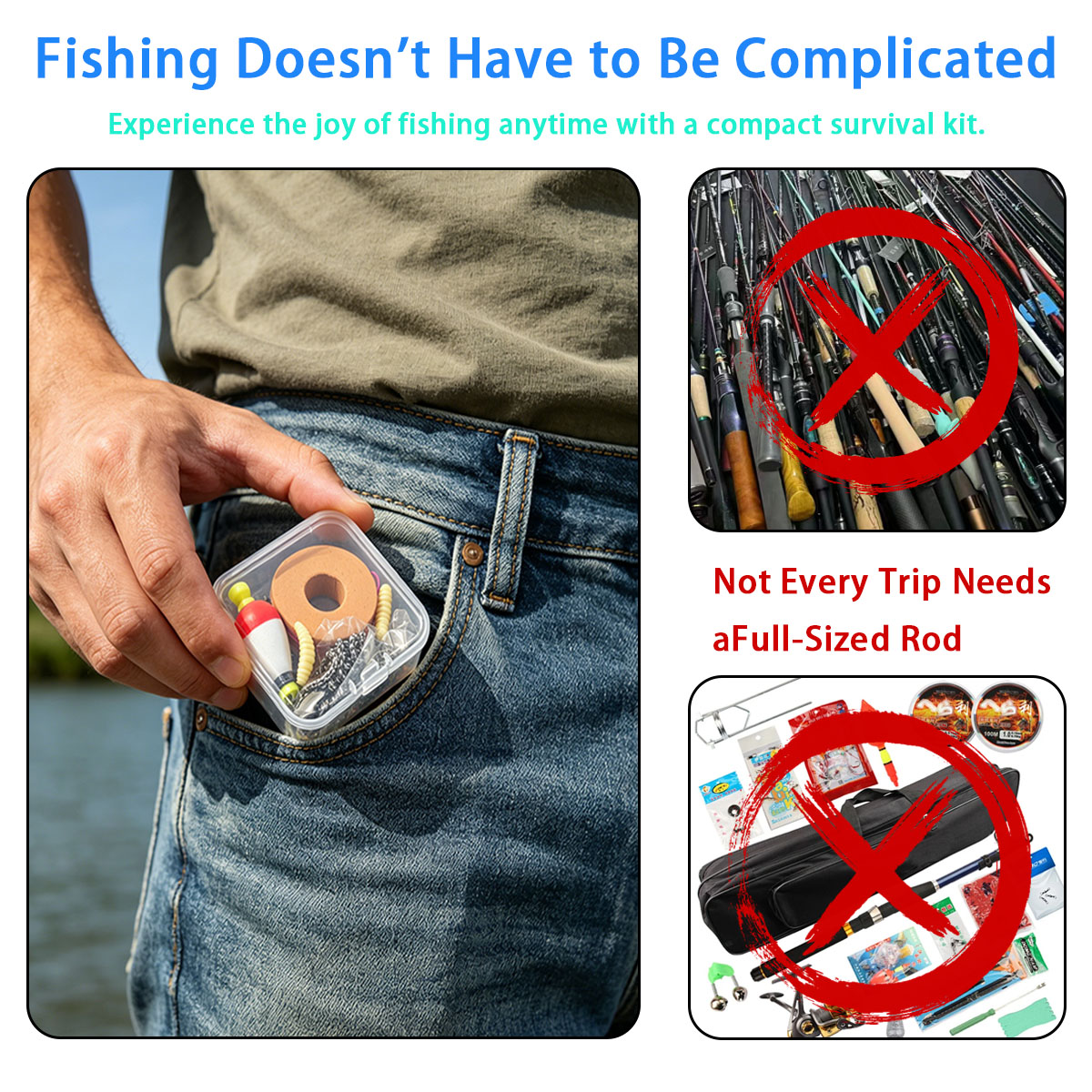 Fishing Lure Box - ชุดอุปกรณ์ตกปลาฉุกเฉินแบบพกพา，ชุดอุปกรณ์ตกปลาฉุกเฉินกลางแจ้งแบบพกพาพร้อมบ็อบเบอร์, ตะขอ, เหยื่อล่อ, สายเอ็น และกล่องเก็บของ